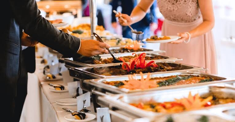 Buffet spread at a professionally catered event